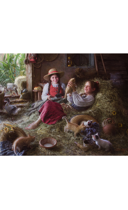 Brincando com filhotes no celeiro